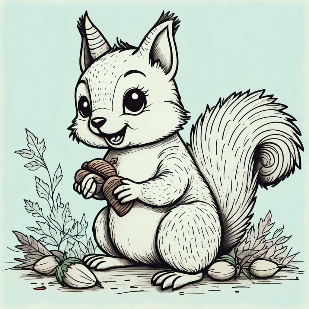 Colored Chibi squirrel gathering acorns.