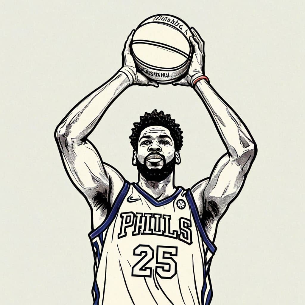 Colored Joel Embiid - the 76ers player holding a basketball above his head