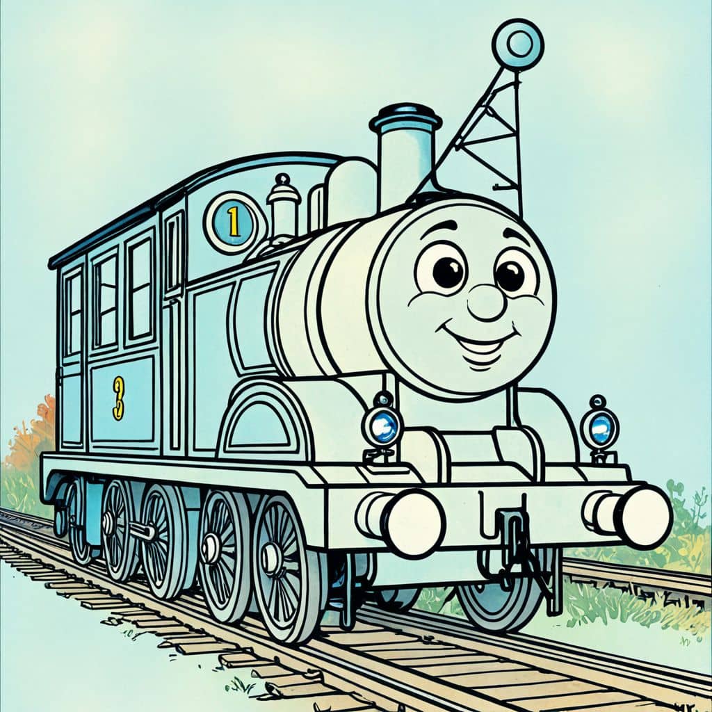 Colored Toby-the-tram-engine from Thomas & Friends wearing a party hat.