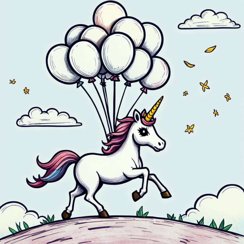 Colored Unicorn flying with a bunch of balloons.