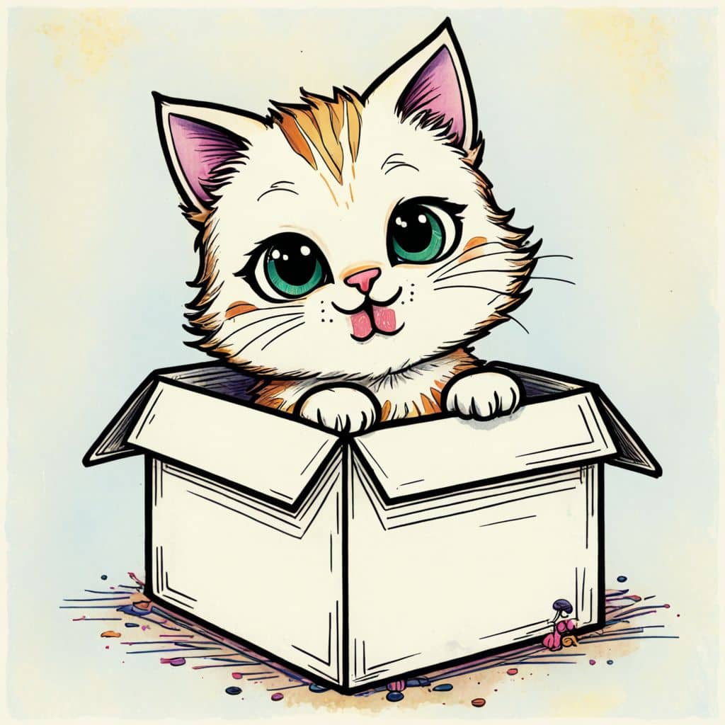 Colored Chibi cat peeking out of a box.