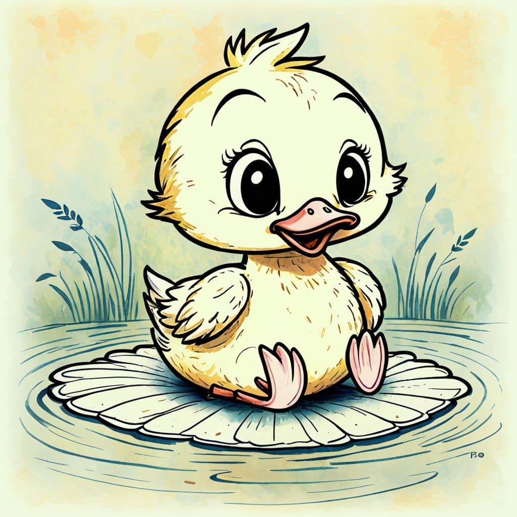 Colored Chibi Duck sitting on a lily pad.