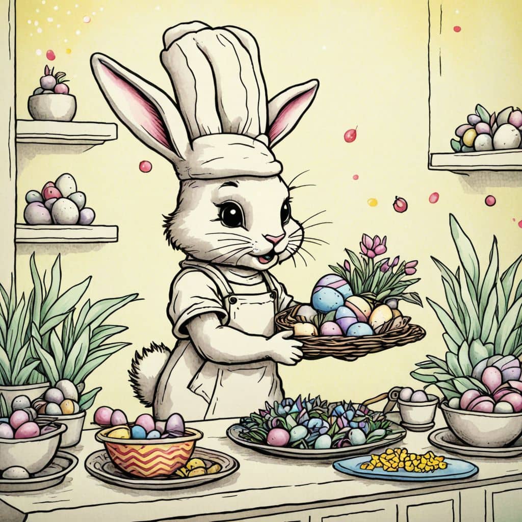 Colored Bunny chef serving fresh salads.
