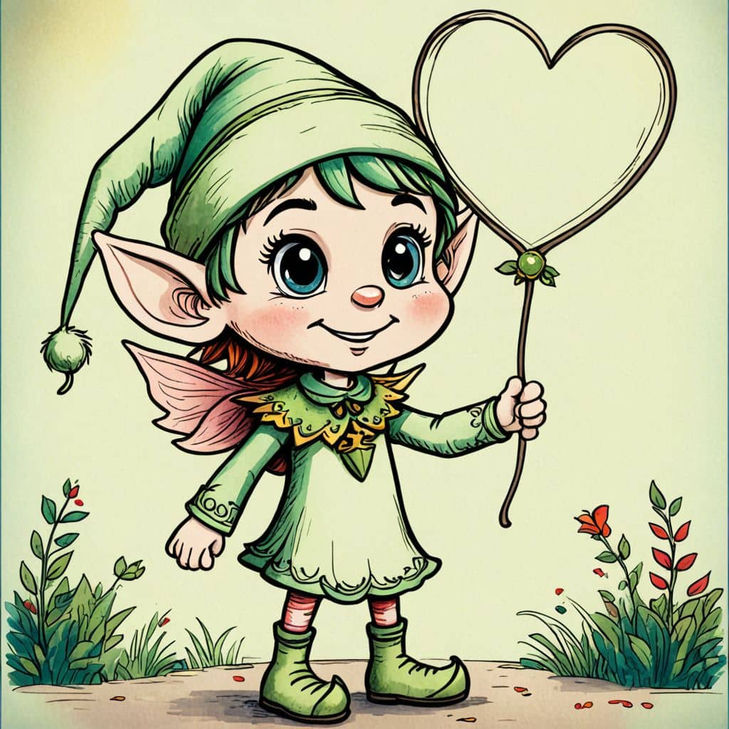 Colored Elf from Elf Cartoon holding a heart-shaped balloon on Valentine's Day