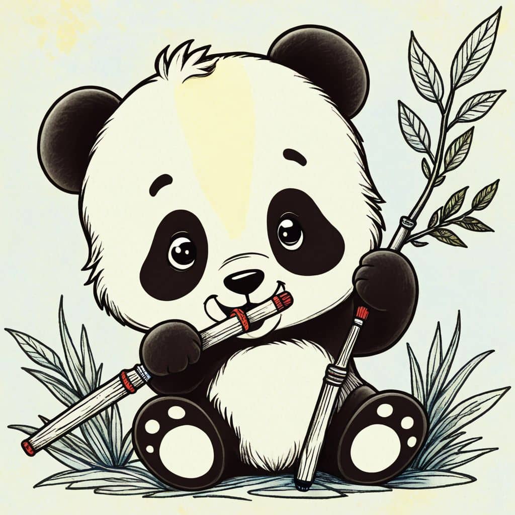 Colored Chibi panda eating bamboo