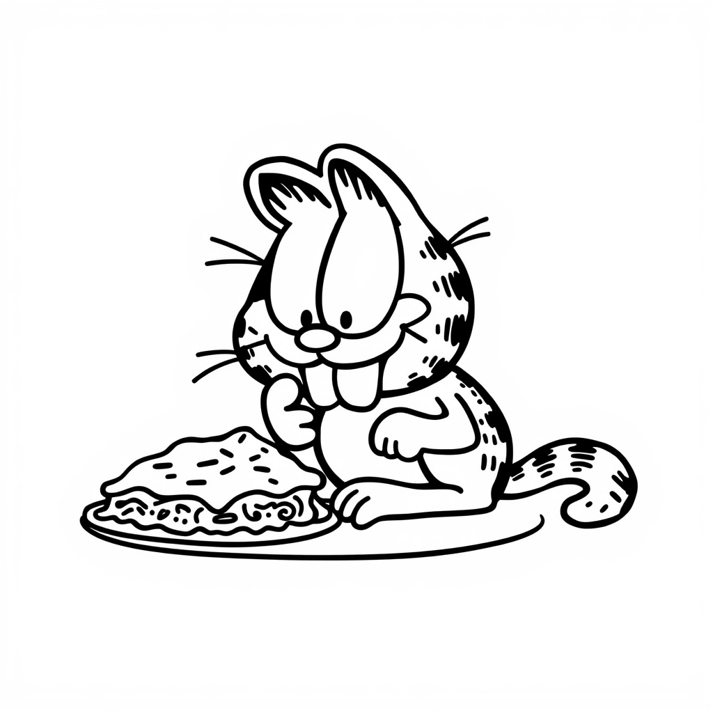 Garfield eating lasagna with delight