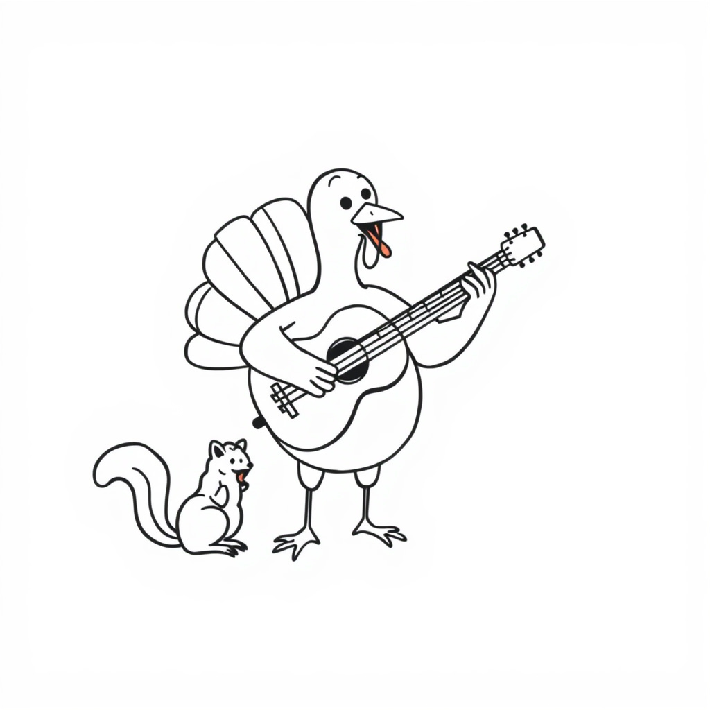 Turkey playing guitar with squirrel