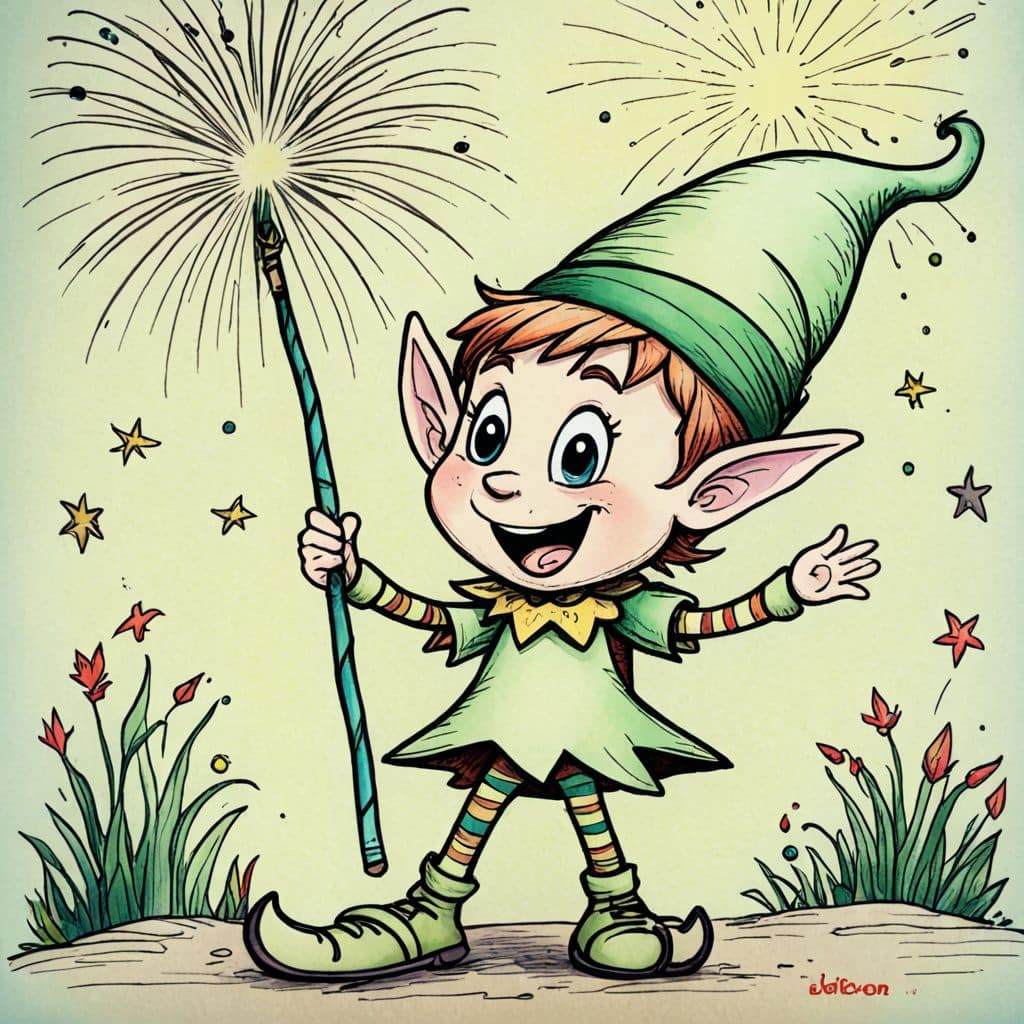 Colored Elf from Elf Cartoon enjoying fireworks on Independence Day.