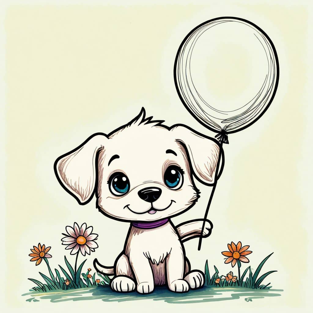 Colored Chibi Puppy holding a big balloon