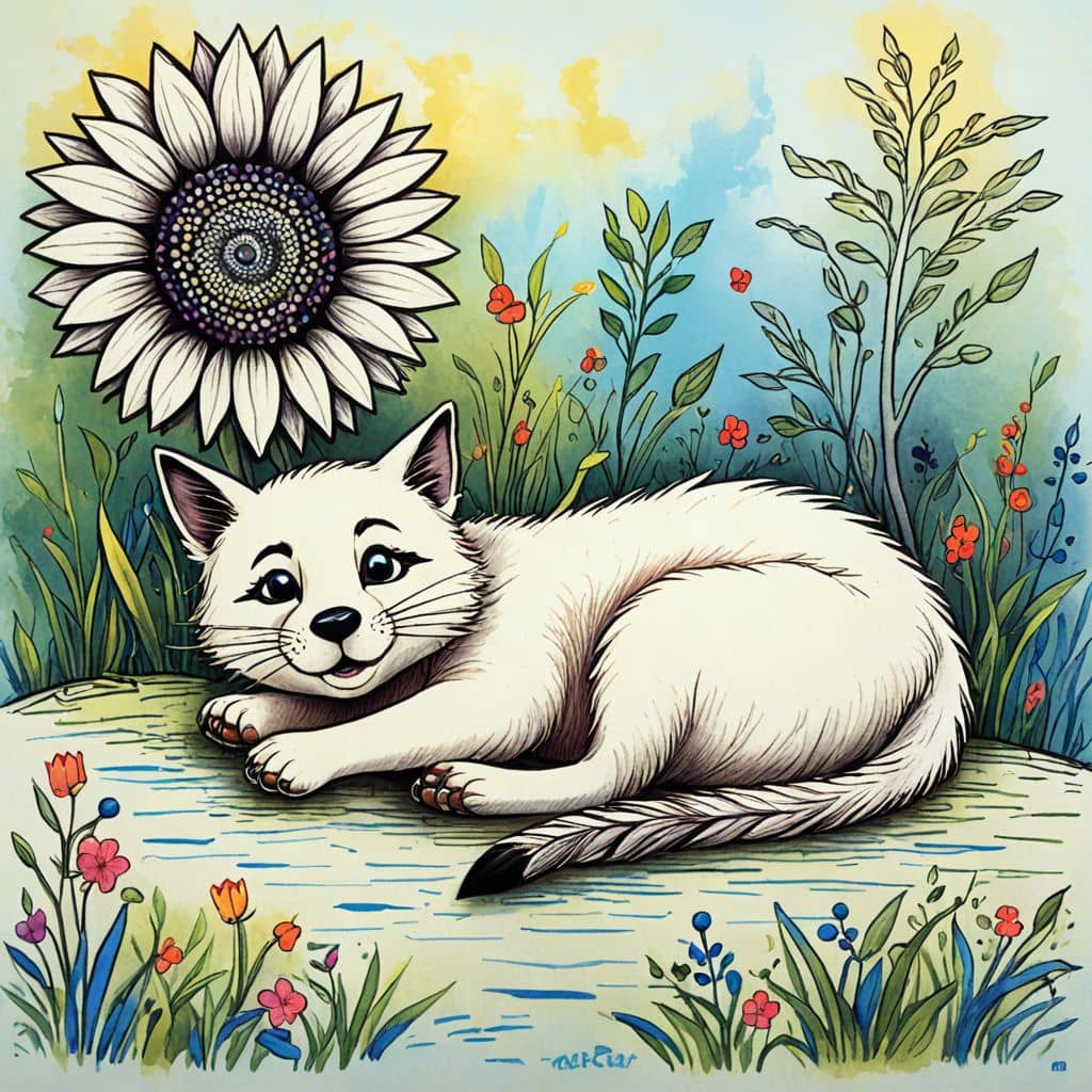 Colored Cat napping under a sunflower