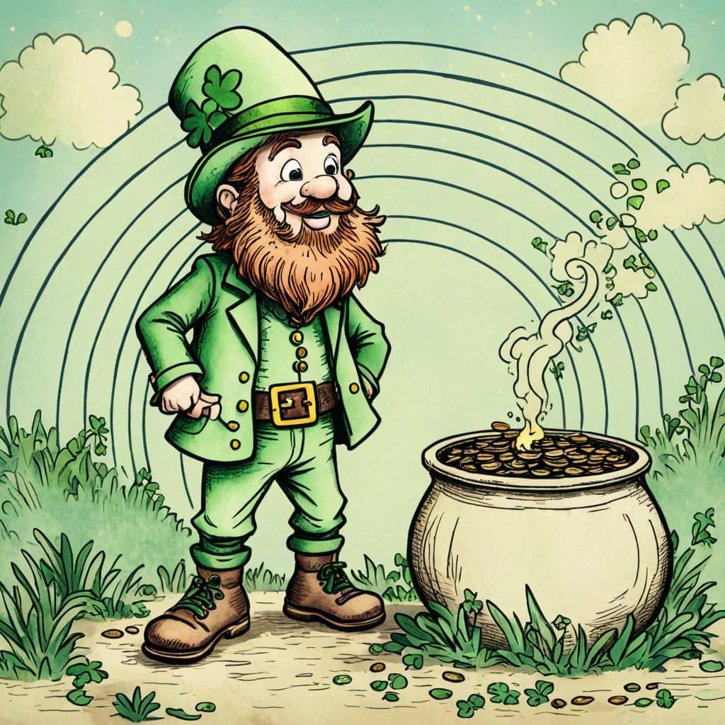 Colored Leprechaun with a pot of gold under a rainbow
