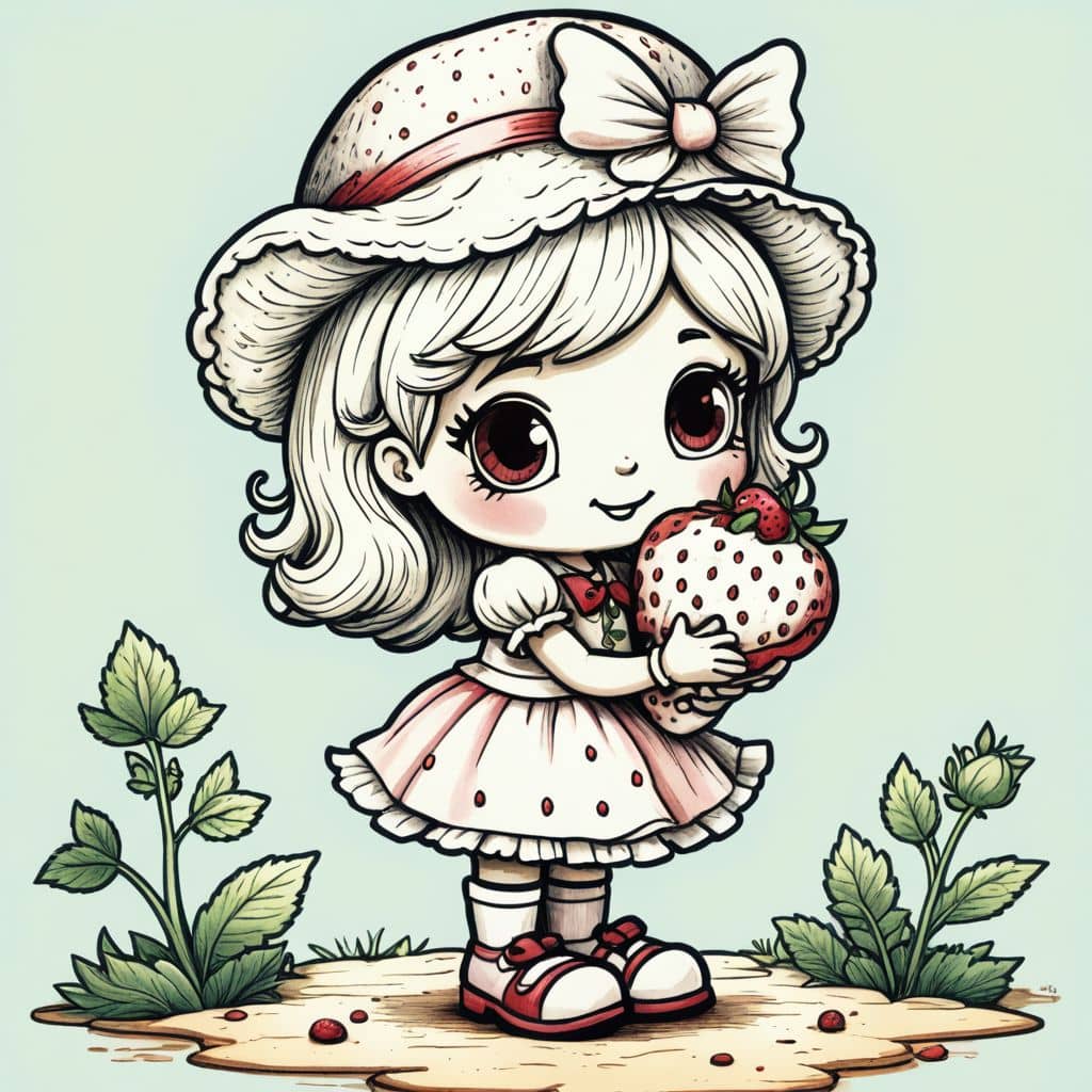 Colored Strawberry Shortcake - the character from Strawberry Shortcake cartoon holding a giant strawberry