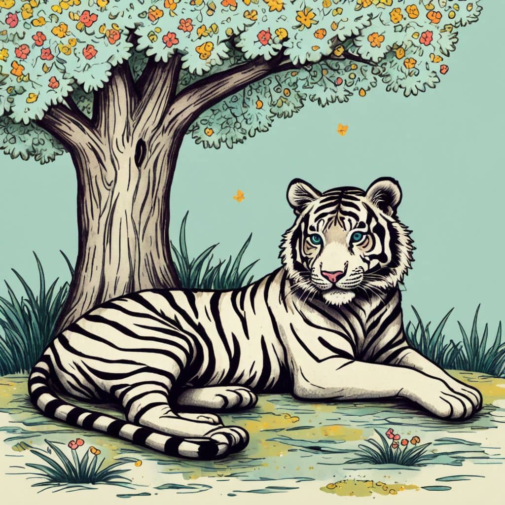 Colored Tiger resting under a tree