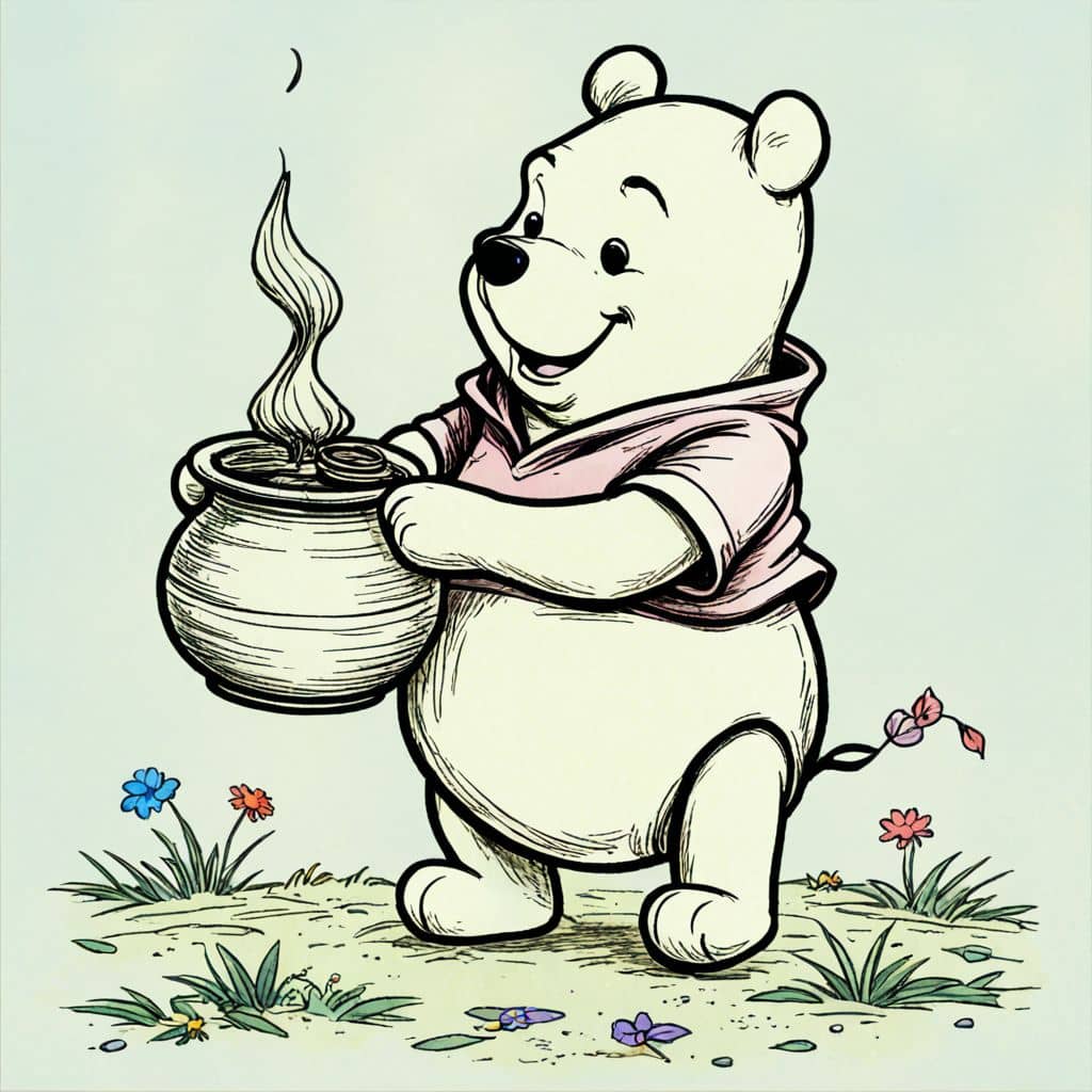 Colored Winnie the Pooh holding a honey pot - from the Winnie the Pooh cartoon