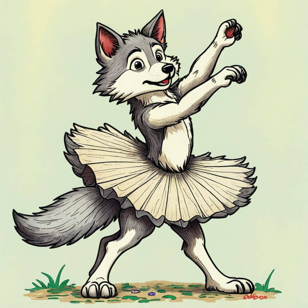 Colored Wolf in a ballet tutu striking a graceful pose.