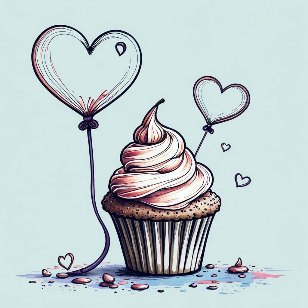Colored Cupcake holding a heart-shaped balloon for Valentine's Day