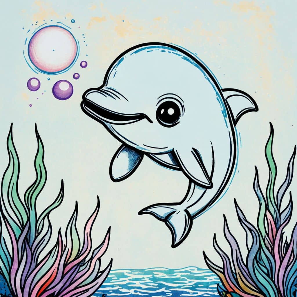 Colored Chibi dolphin blowing bubbles underwater