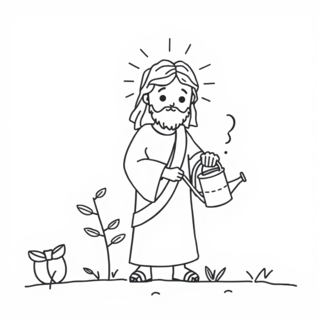 Jesus gardening with a watering can