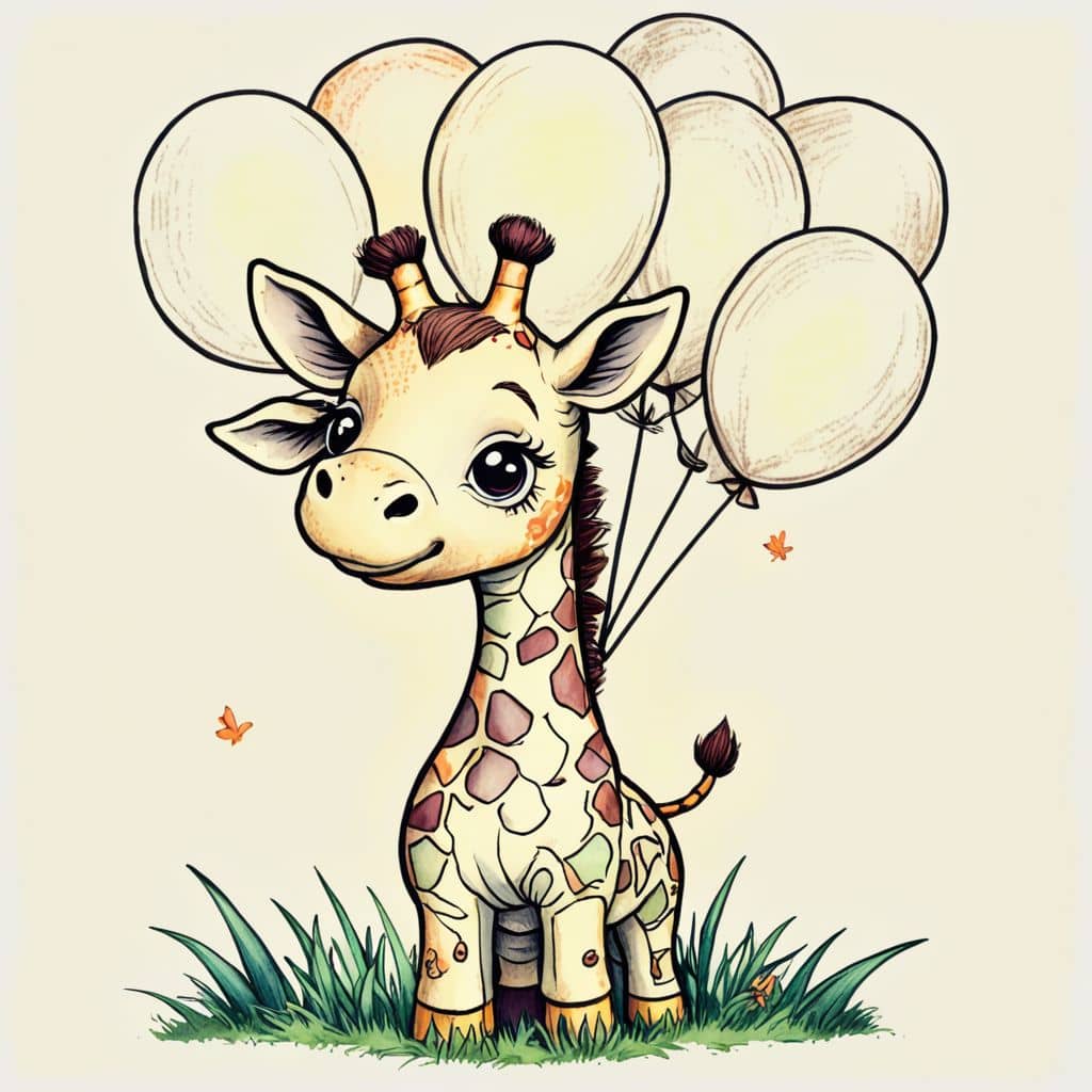 Colored Kawaii giraffe holding a bunch of balloons