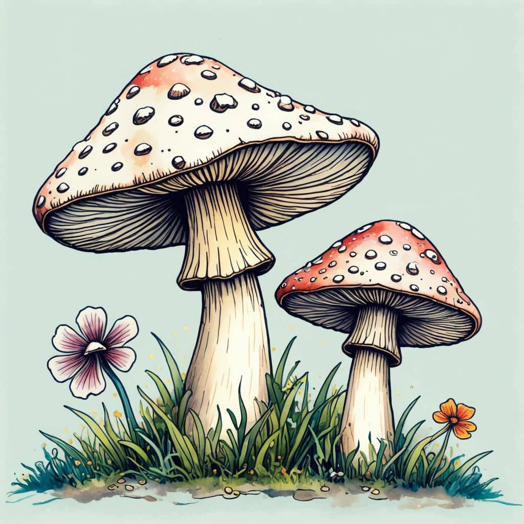 Colored Mushroom beside a blooming flower