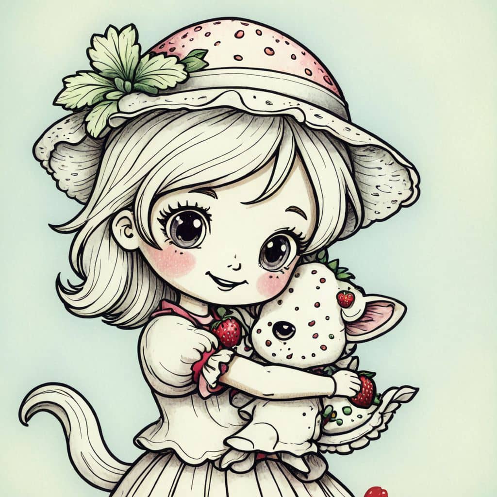Colored Strawberry Shortcake - the character from Strawberry Shortcake cartoon hugging a cute kitten