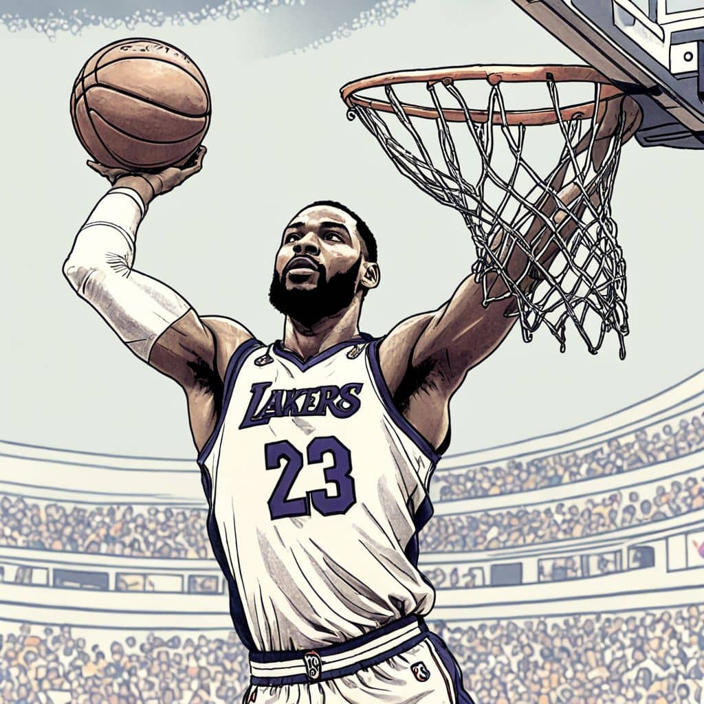 Colored LeBron James - the Los Angeles Lakers player dunking a basketball