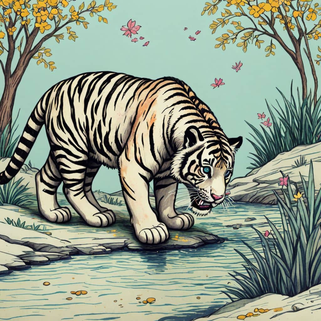 Colored Tiger drinking water at a river