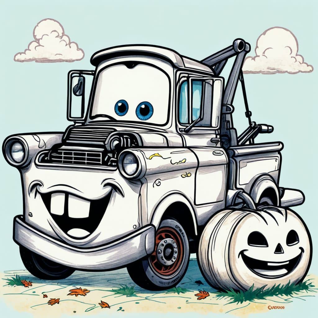 Colored Mater - the tow truck from Disney Cars with a pumpkin for Halloween