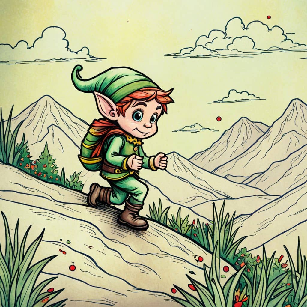 Colored Elf cartoon character hiking up a small hill