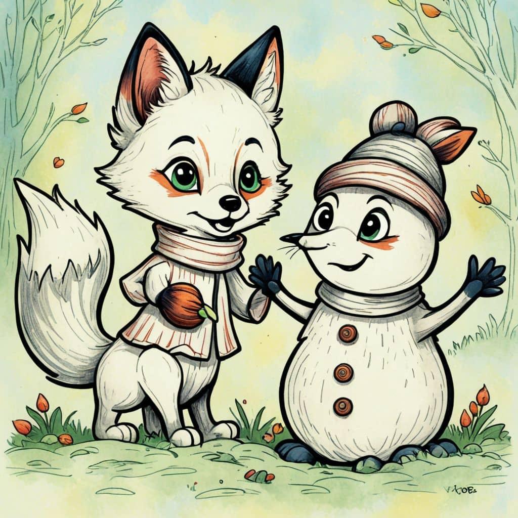Colored Fox building a snowman