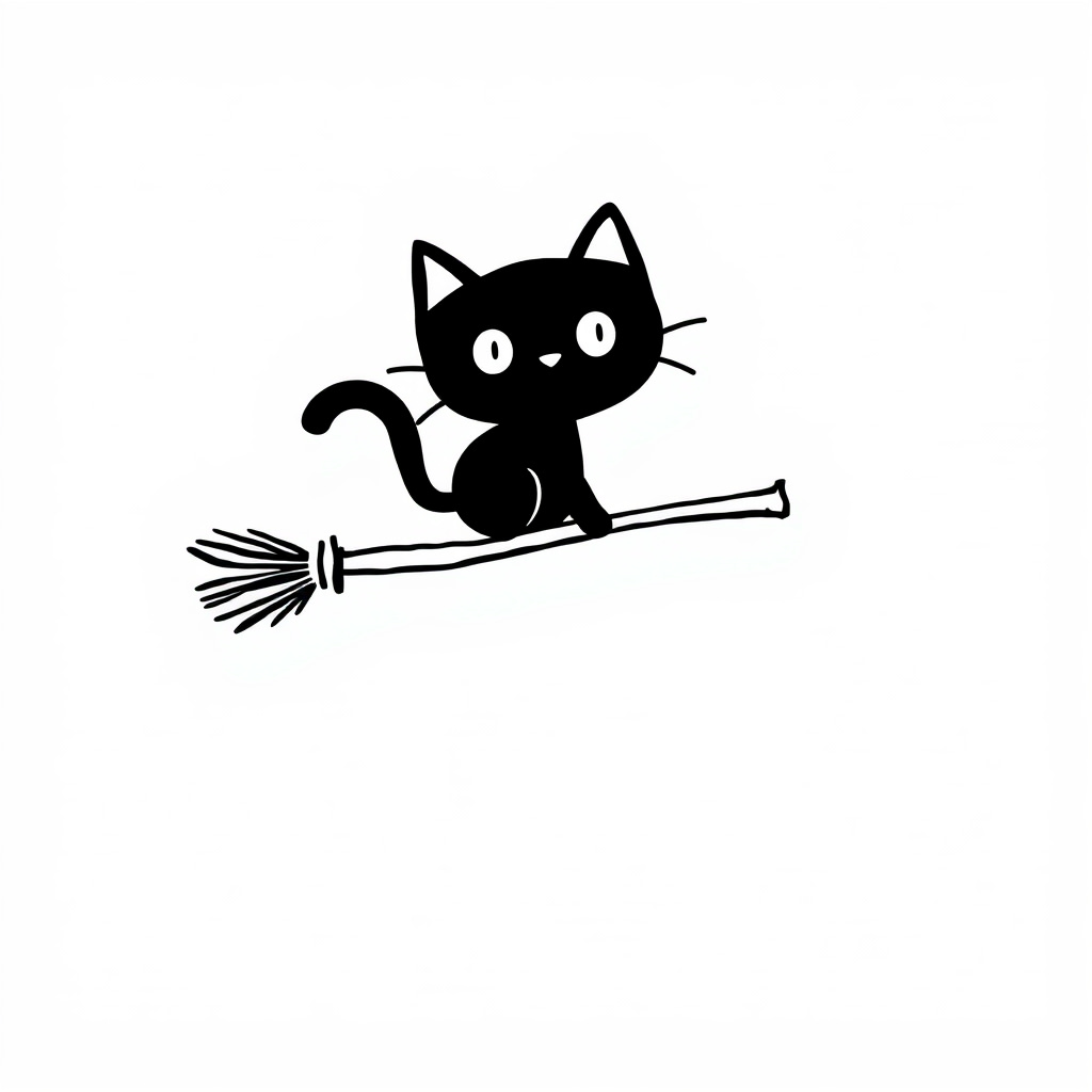 Spooky cat on broomstick