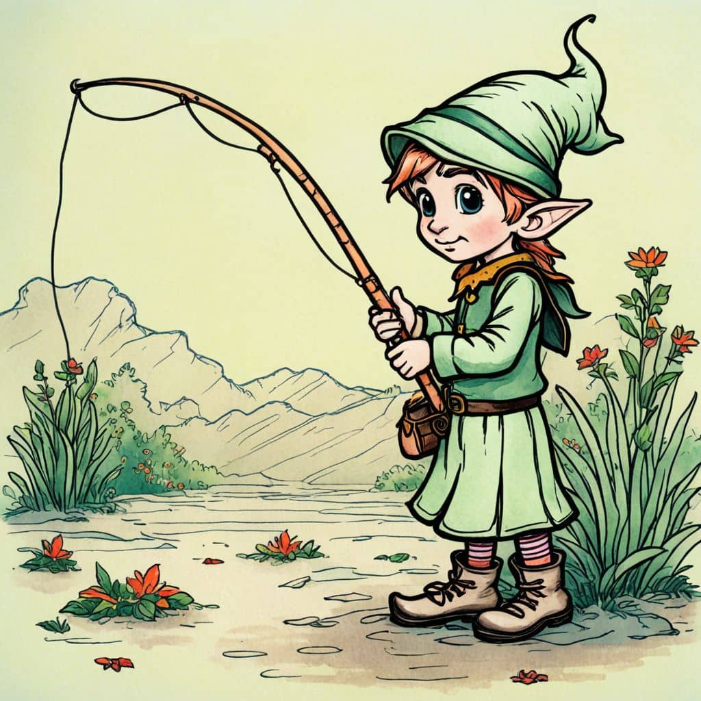 Colored Elf cartoon character fishing at a quiet pond