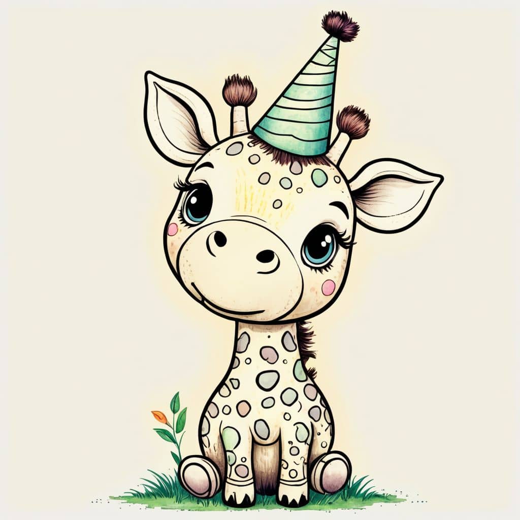 Colored Kawaii giraffe wearing a party hat