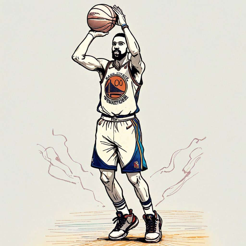 Colored Stephen Curry - the Golden State Warriors player shooting a three-pointer