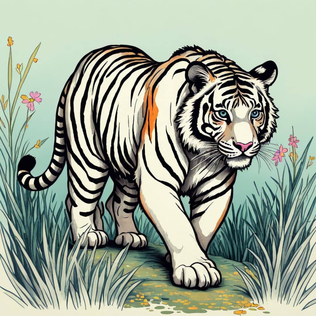 Colored Tiger walking through tall grass