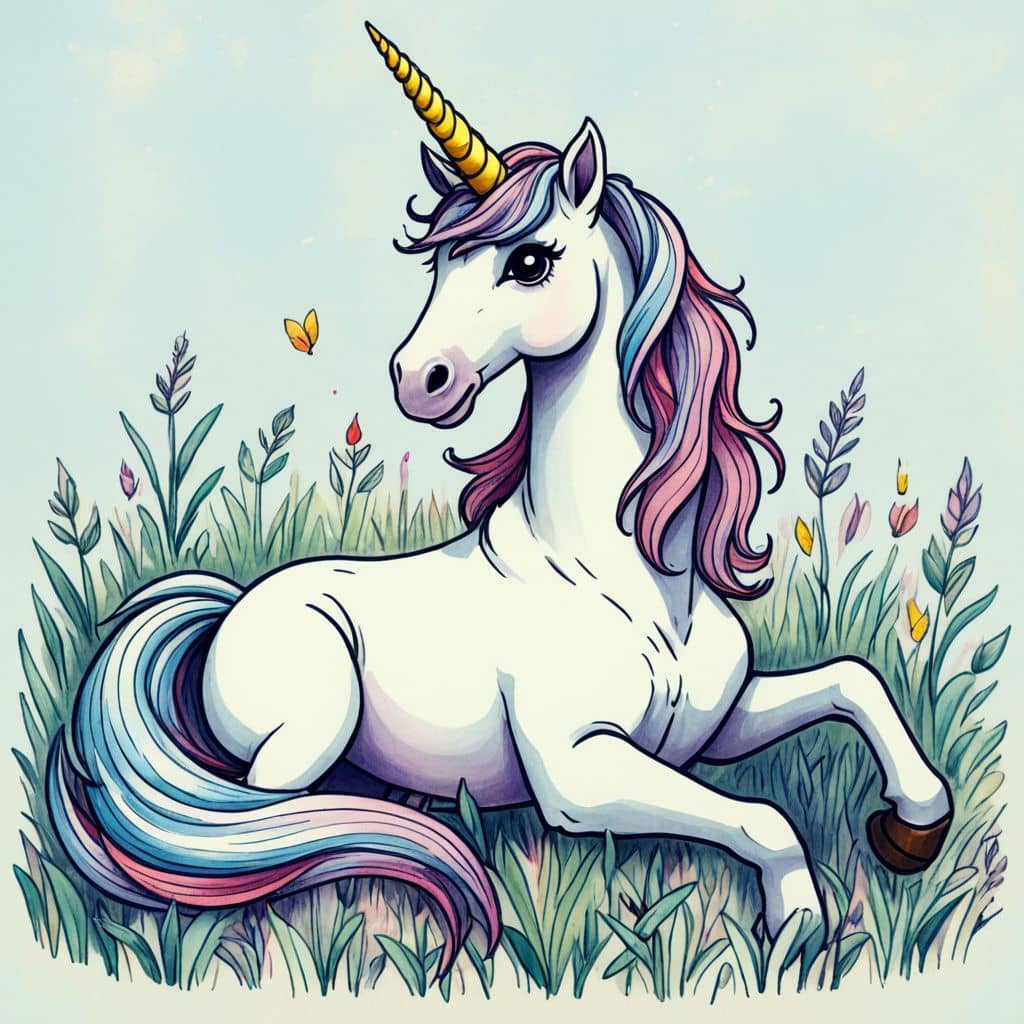 Colored Unicorn resting in a meadow