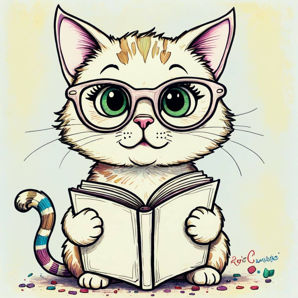 Colored Cat wearing glasses and holding a book