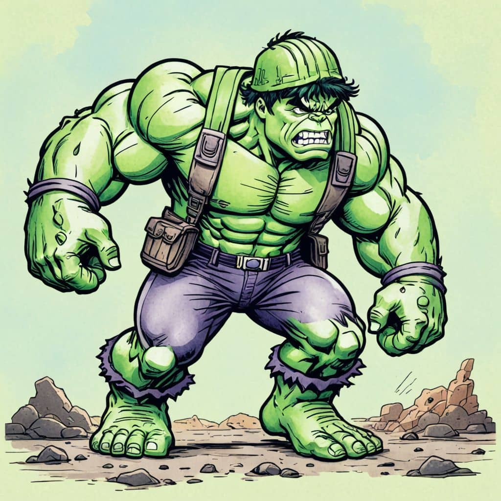 Colored Hulk from Marvel comics as a construction worker with a helmet