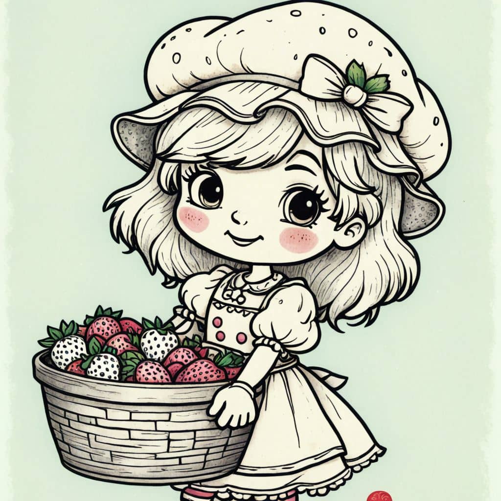 Colored Strawberry Shortcake - the character from Strawberry Shortcake cartoon holding a basket of fresh berries