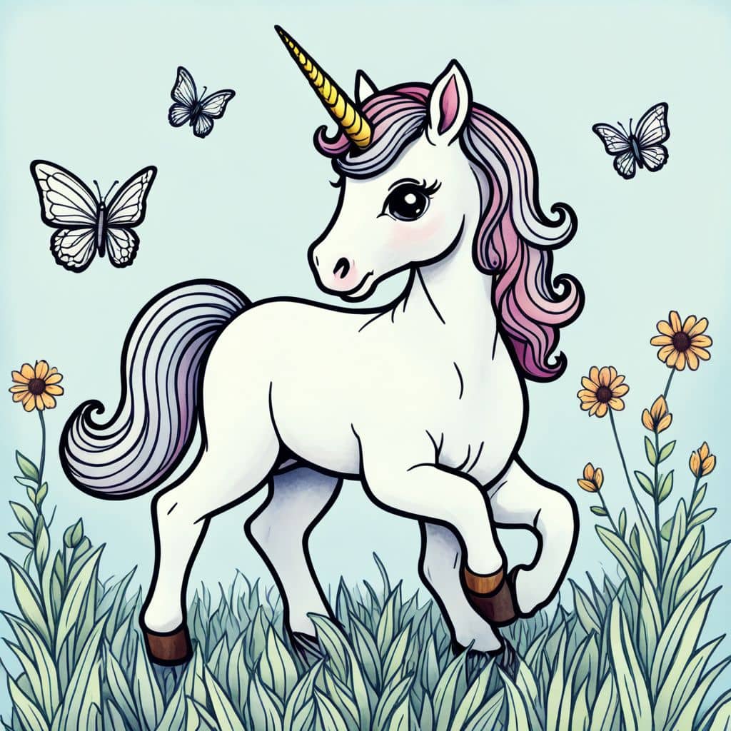 Colored Unicorn playing with butterflies