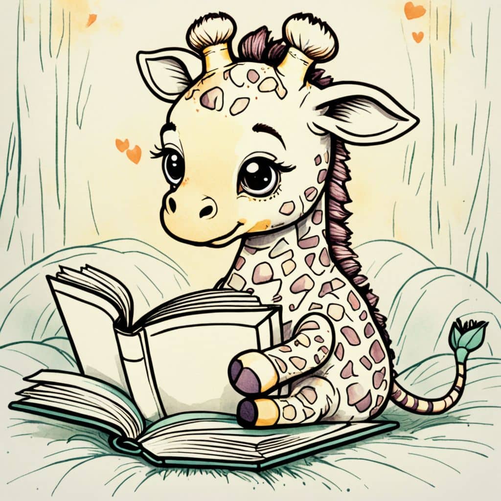 Colored Kawaii giraffe reading a bedtime story