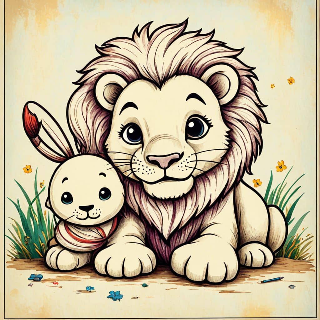 Colored Lion resting alongside a stuffed bunny