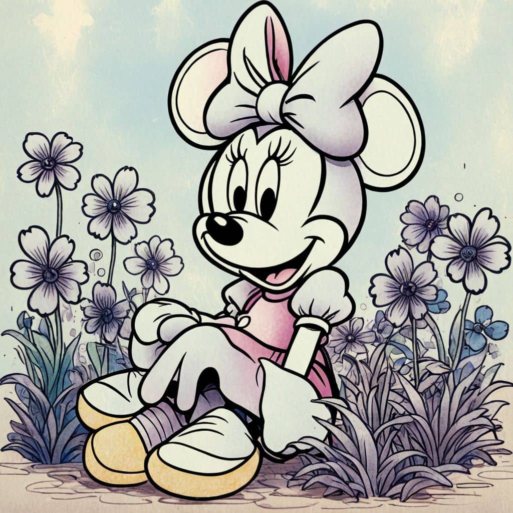 Colored Minnie Mouse - the Disney character sitting in a flower bed