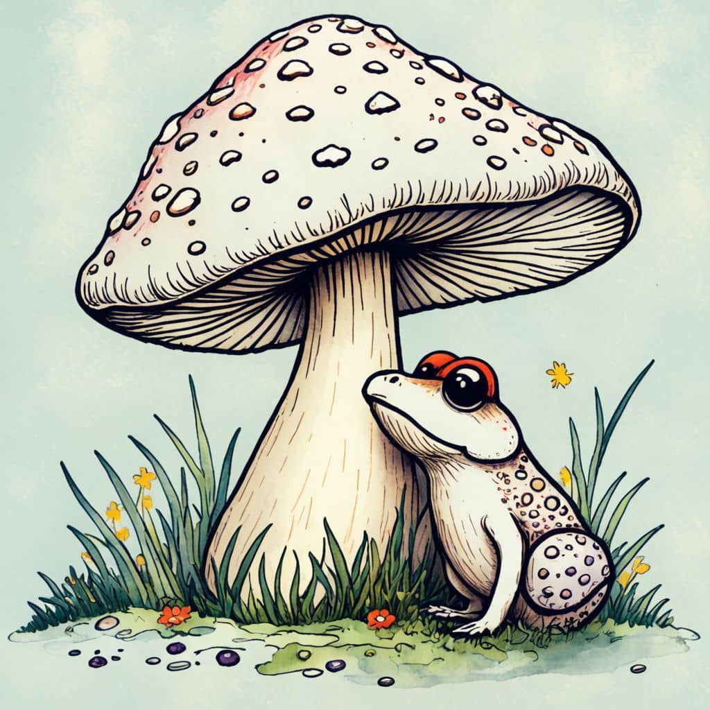 Colored Mushroom next to a small frog