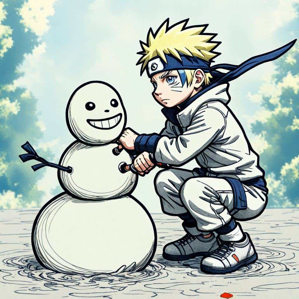 Colored Naruto - the ninja from Naruto anime making a snowman