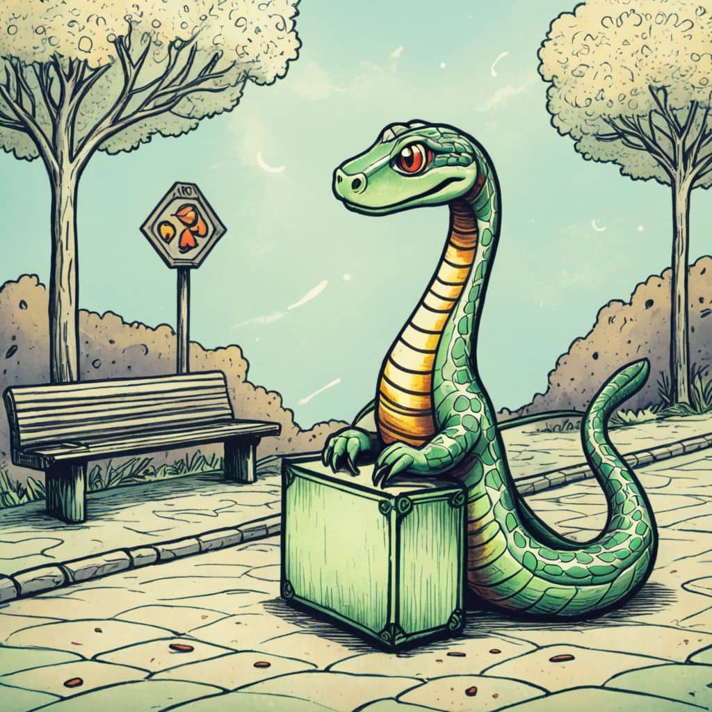 Colored Snake with suitcase at bus stop