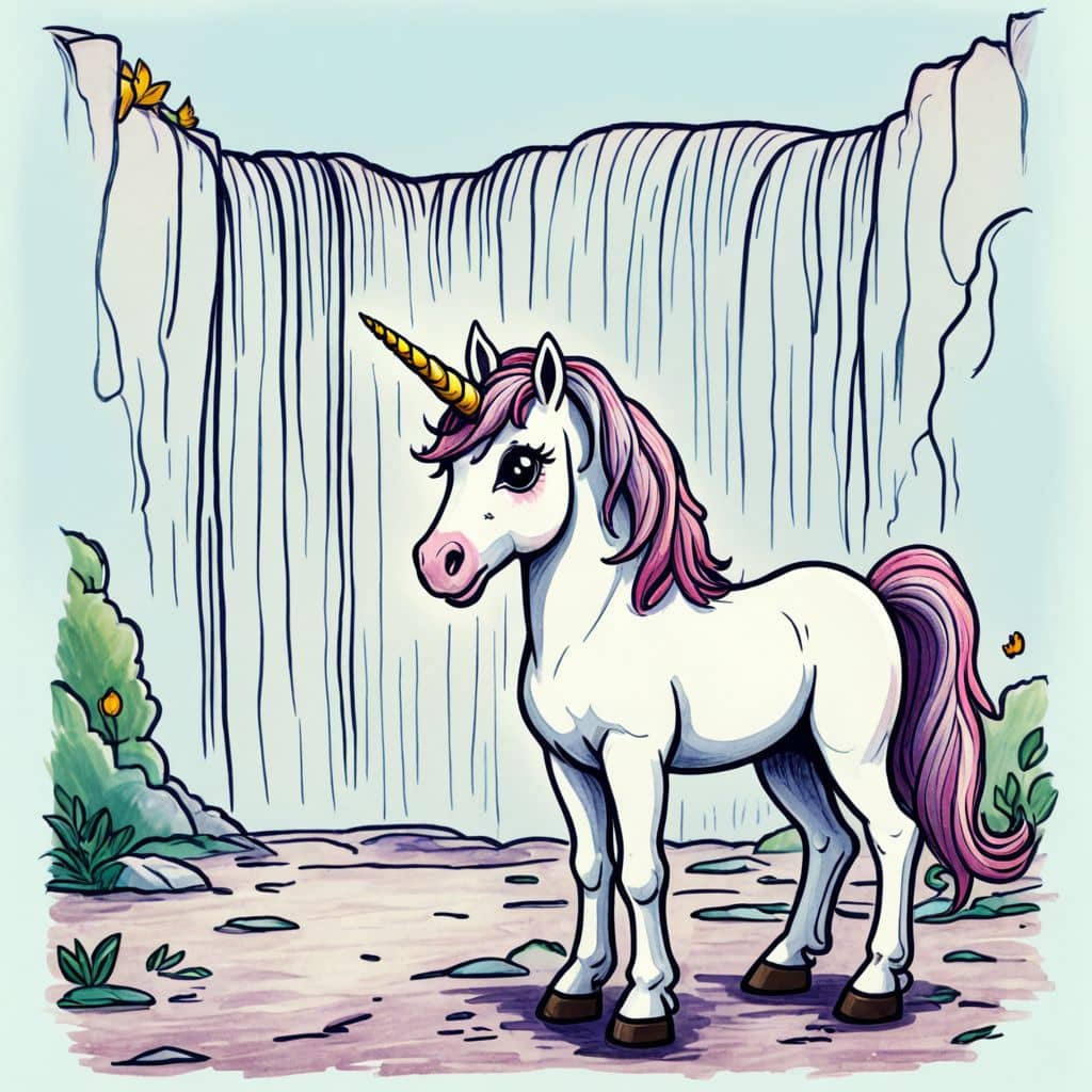 Colored Unicorn standing beside a waterfall