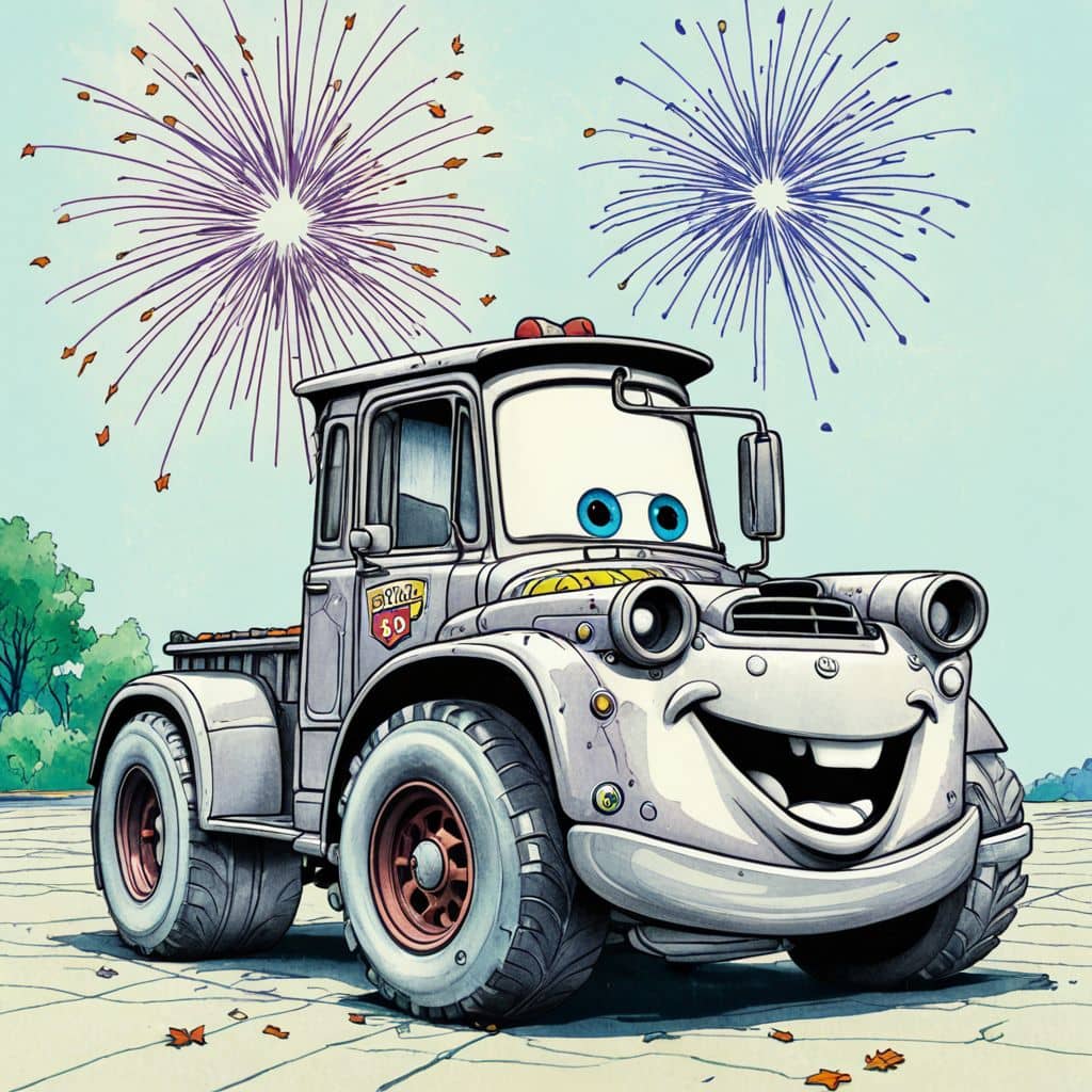 Colored Guido - the forklift from Disney Cars covered in 4th of July fireworks