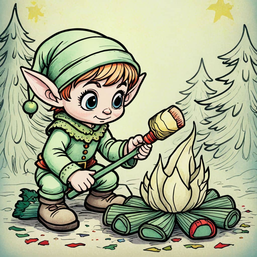 Colored Elf cartoon character roasting marshmallows at a campfire