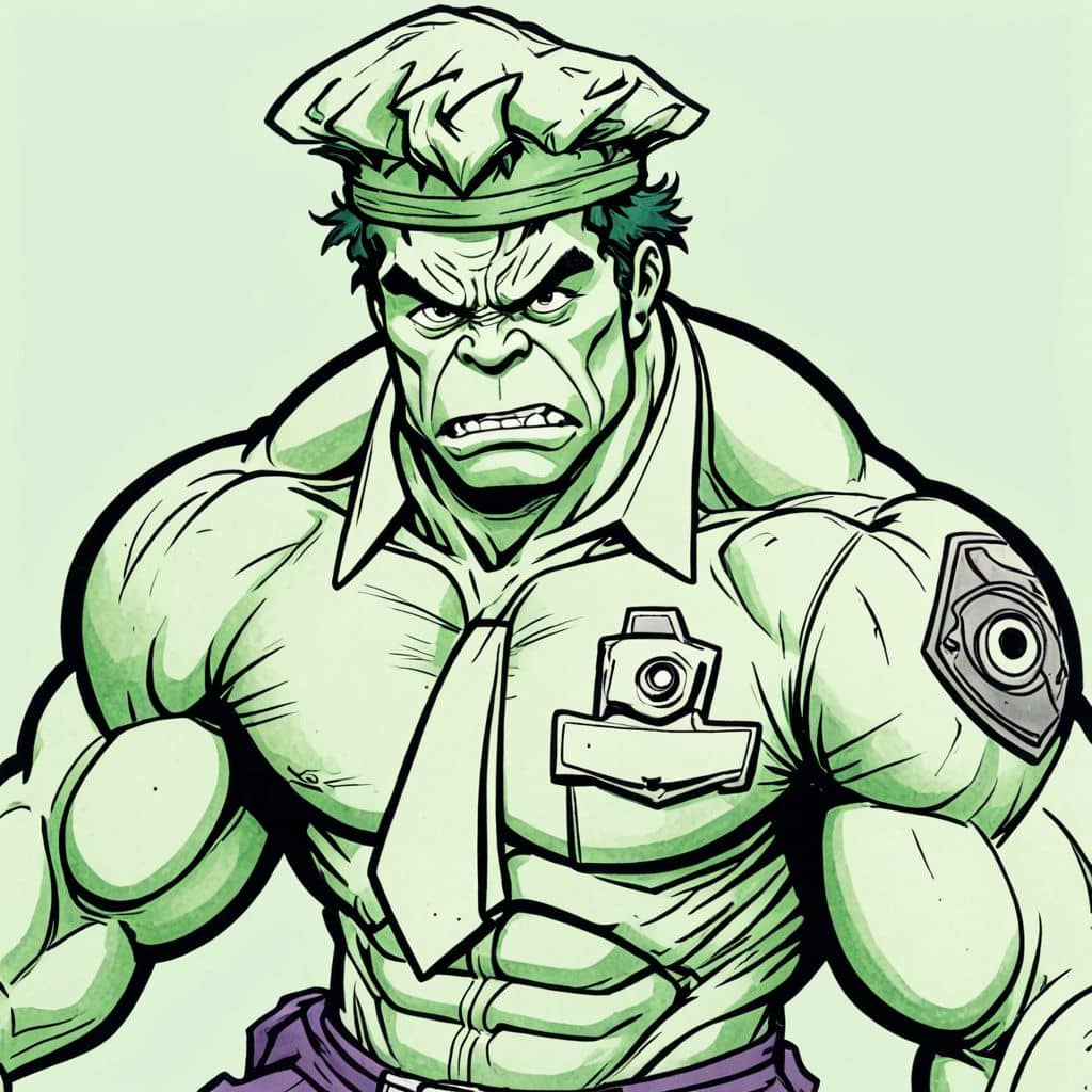 Colored Hulk from Marvel comics as a police officer with a badge